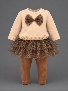 Beige & Brown Tulle animal print Bow Baby Dress Set size 24 months Nicole Miller